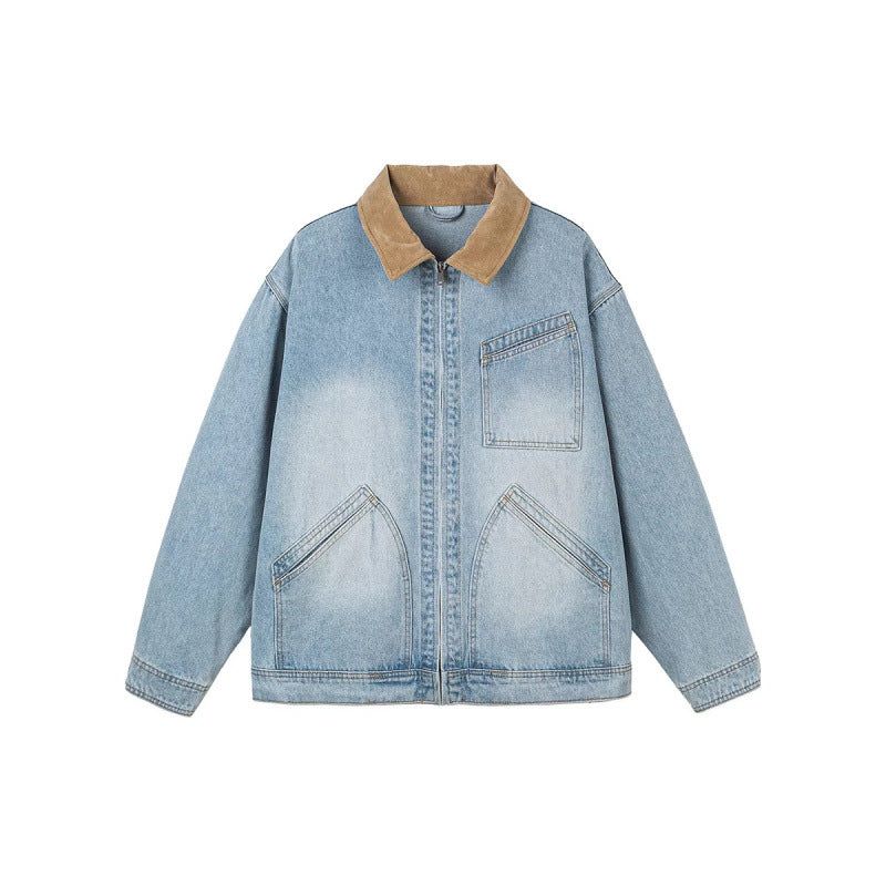 Men's Boxy Denim Jacket in Worker Style with Cord Collar and Front Zipper Mune Fashion