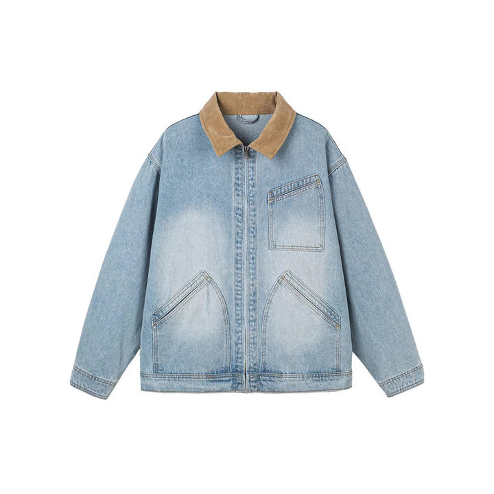 Men's Boxy Denim Jacket in Worker Style with Cord Collar and Front Zipper Mune Fashion