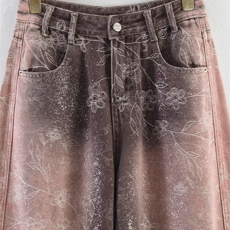 Women's High-Waist Jeans with Wide Leg, Floral Vintage Print and Five-Pocket Cut Mune Fashion