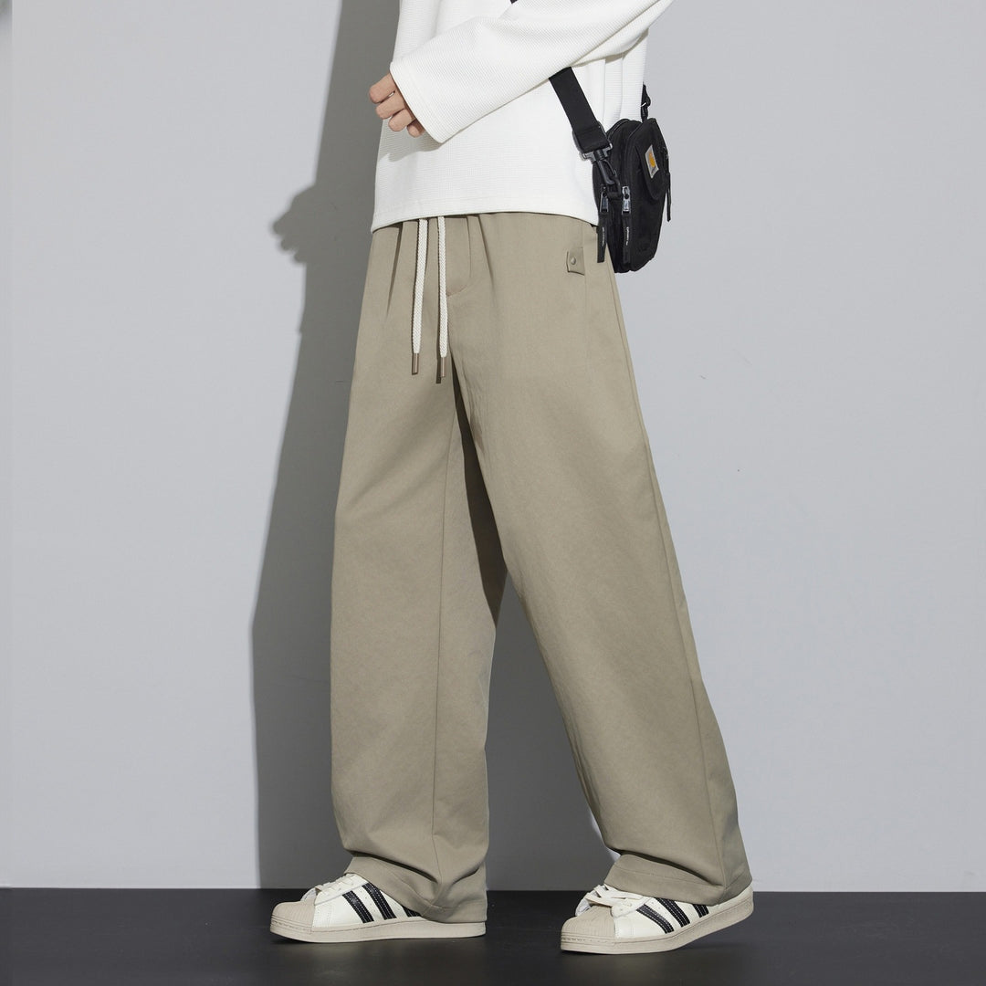 Men's Wide Relaxed-Fit Fabric Trousers with Drawstring & Crease Mune Fashion
