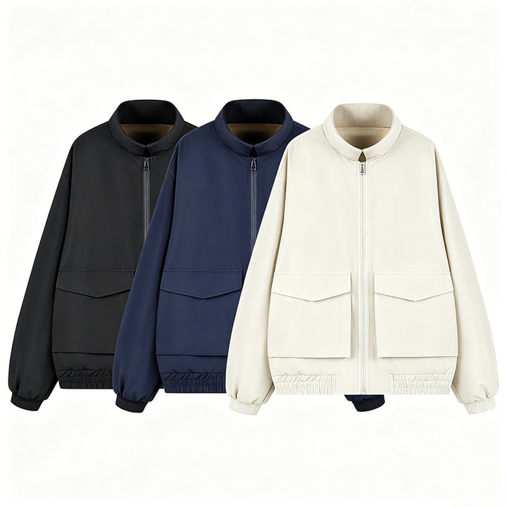 Men's Boxy Utility Bomber Jacket with Large Flap Pockets, Stand Collar & Zipper Mune Fashion