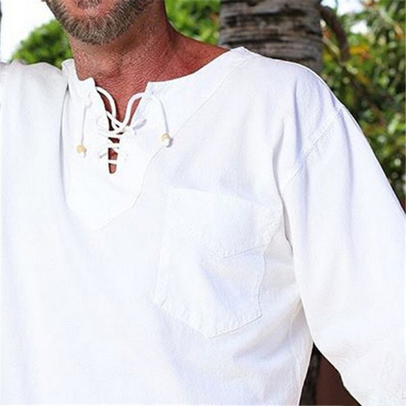 Men's Lightweight Cotton-Linen Leisure Set with Lace Collar and 3/4 Sleeves Mune Fashion