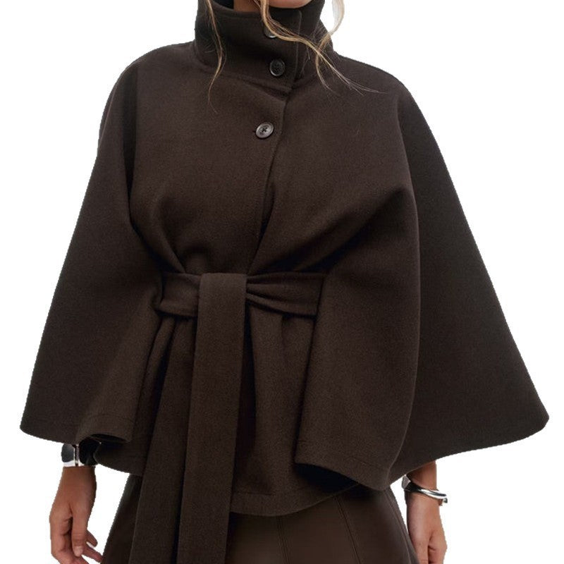 Women's short cape jacket with high stand-up collar, tie belt and boxy silhouette Mune Fashion