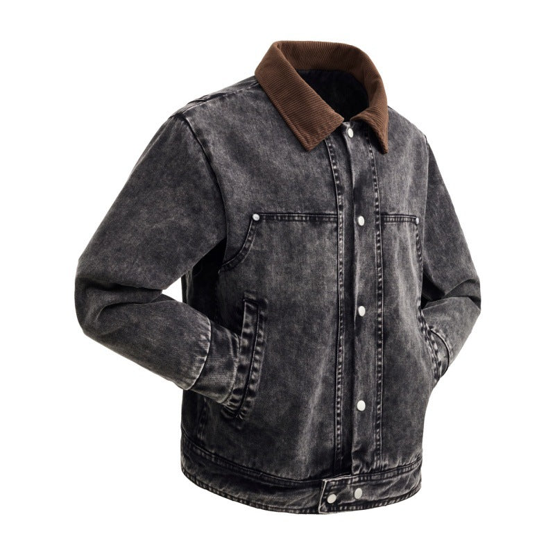 Men's padded denim jacket with cord collar, snap button placket, and practical side pockets Mune Fashion