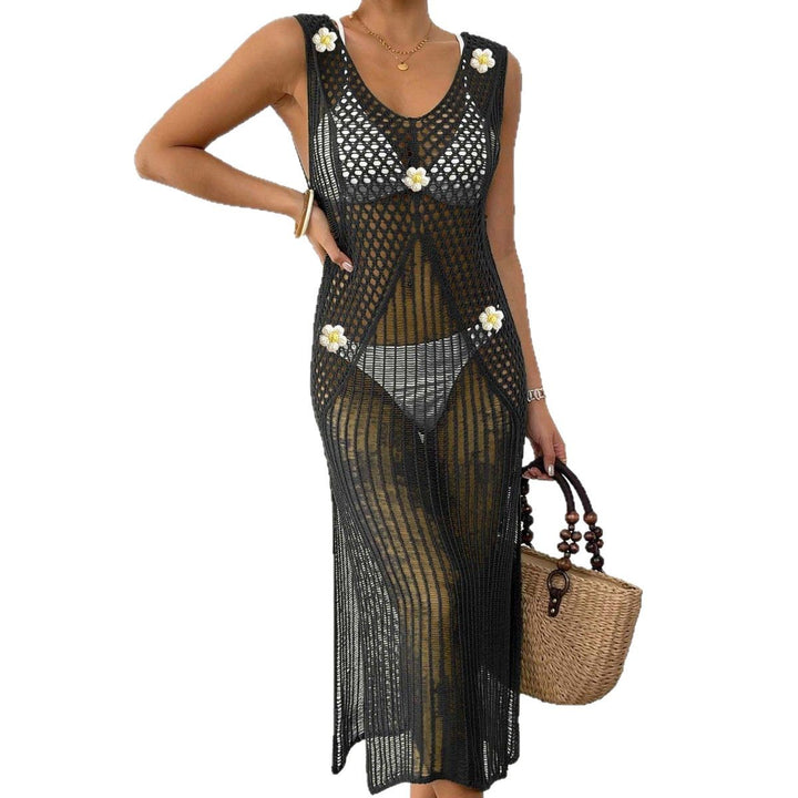Women's airy crochet beach cover-up with floral accents Mune Fashion