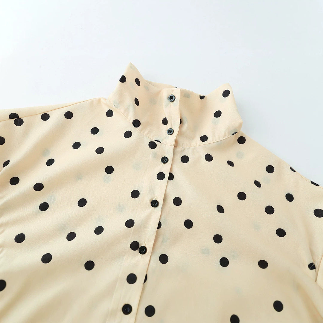 Women Polka Dot Cropped Blouson Jacket with Stand Collar and Drawstring Mune Fashion