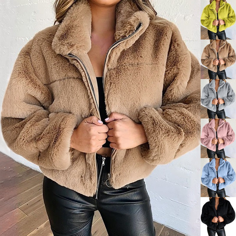 Women nan short cozy faux fur jacket with stand-up collar and zipper Mune Fashion