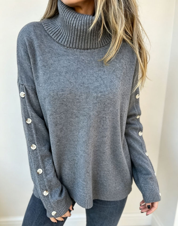 Women's Oversized Turtleneck Sweater with Sleeve Button Placket Mune Fashion