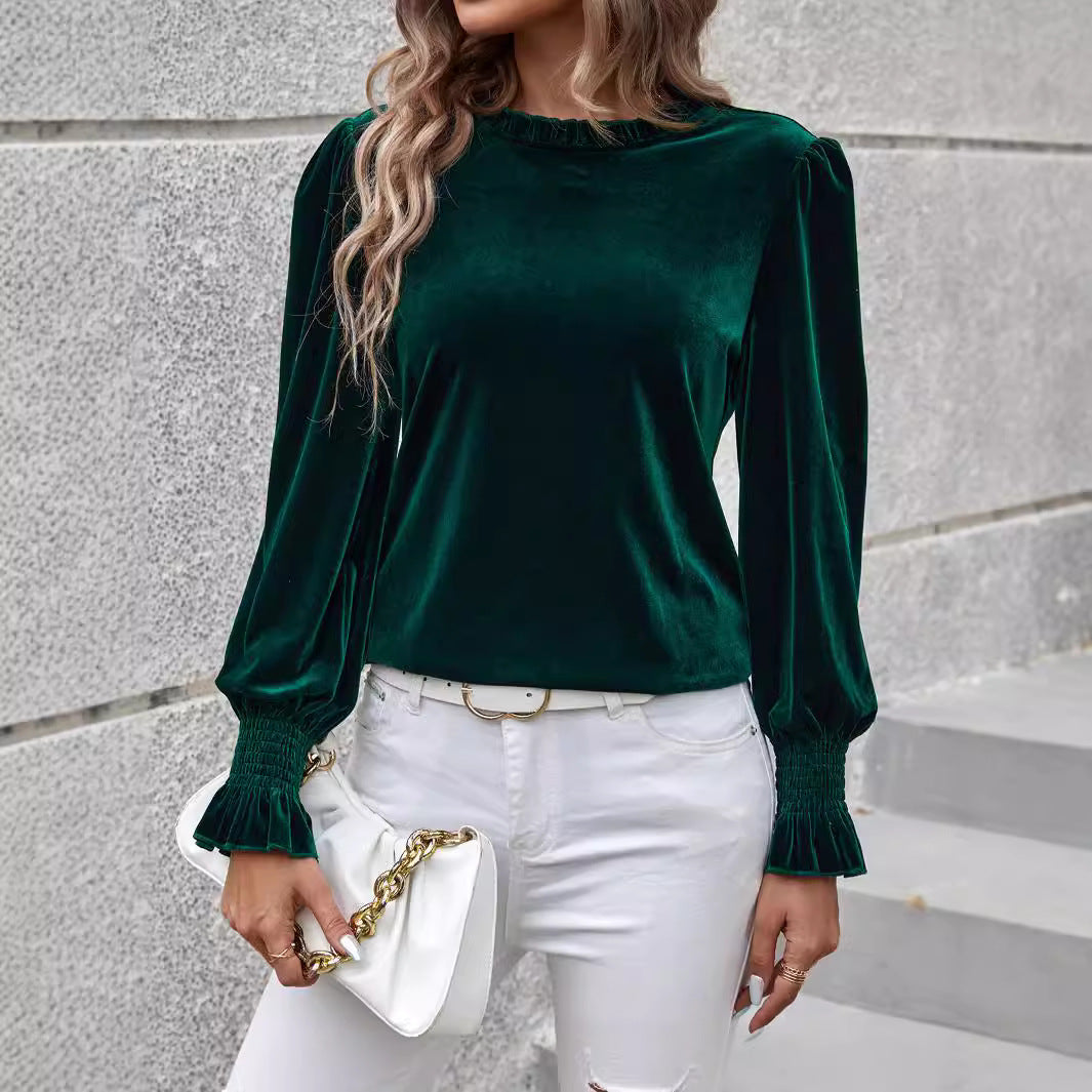 Women's Velvet Top with Ruffled Sleeves Mune
