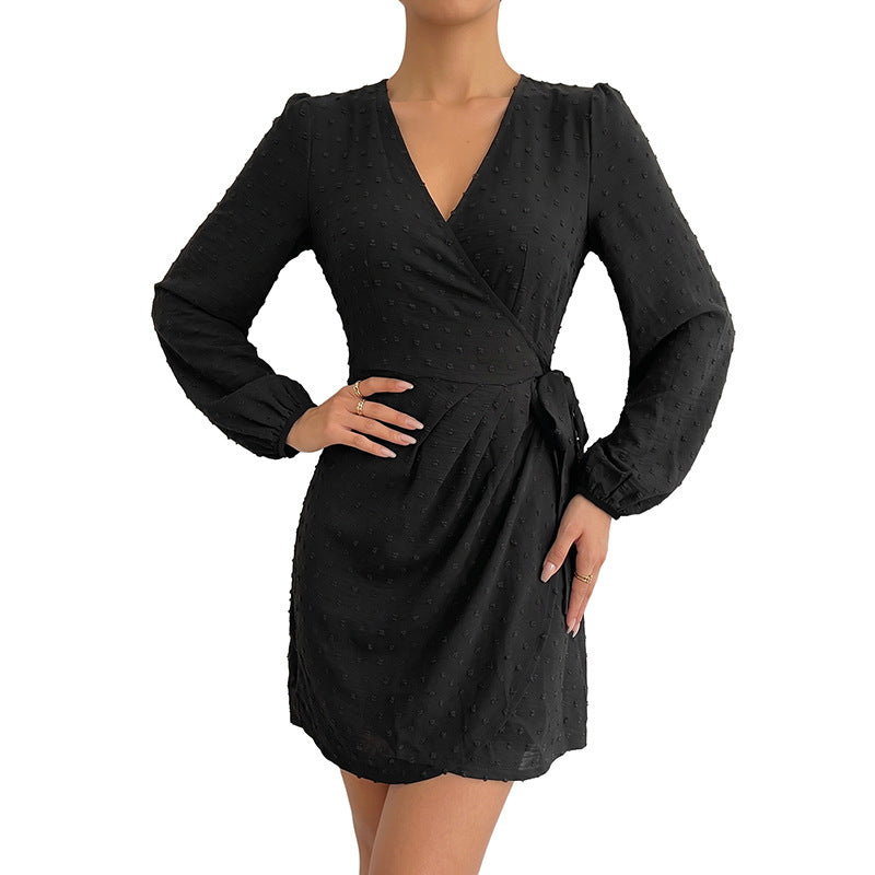 Women's Wrap Mini Dress with V-Neck, Polka Dot Effect, Gathered Waist and Long Sleeves Mune Fashion