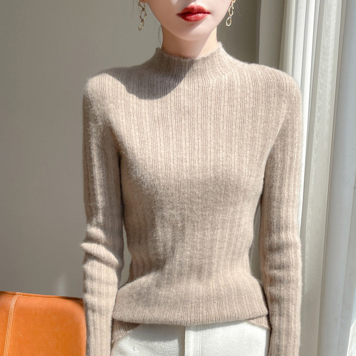 Women's slim-fit fine knit pullover with a short standing collar and fine ribbed texture Mune Fashion