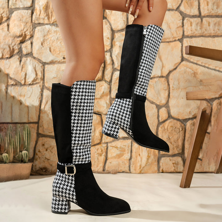 Ladies knee-high boots with houndstooth shaft, side zipper and comfortable block heel Mune Fashion