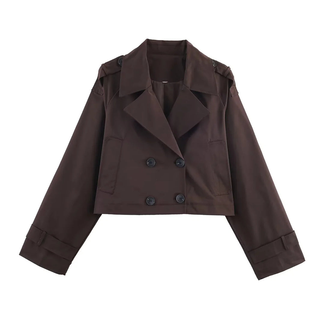 Women's cropped trench coat with double-breasted button placket, shoulder epaulettes, and adjustable cuffs Mune Fashion