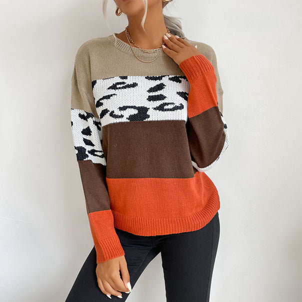 Women's Colorblock Knit Sweater with Leopard Print Insert and Casual Oversized Fit Mune Fashion