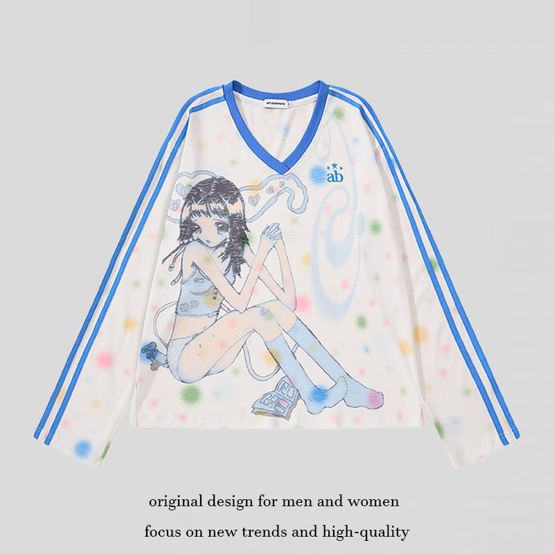 Women's Cropped Mesh Long Sleeve with V-Neck, Anime Print and Contrast Stripes Mune Fashion
