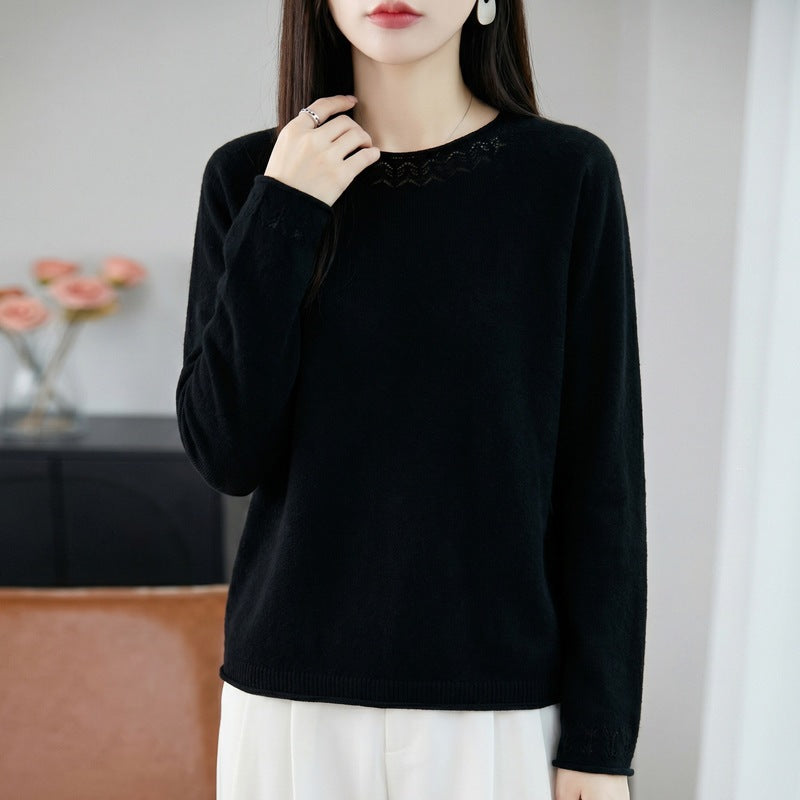 Women Lightweight Fine Knit Round Neck Sweater with Openwork Detail and Casual Silhouette Mune Fashion