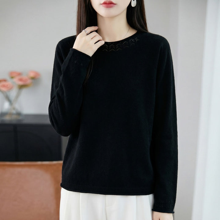 Women Lightweight Fine Knit Round Neck Sweater with Openwork Detail and Casual Silhouette Mune Fashion