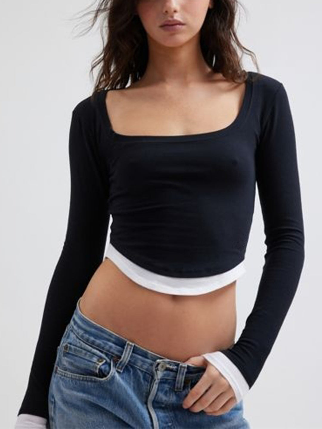 Women Cropped Long Sleeve Shirt with Square Neckline and Contrast Cuffs Mune Fashion