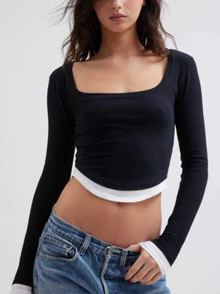 Women Cropped Long Sleeve Shirt with Square Neckline and Contrast Cuffs Mune Fashion