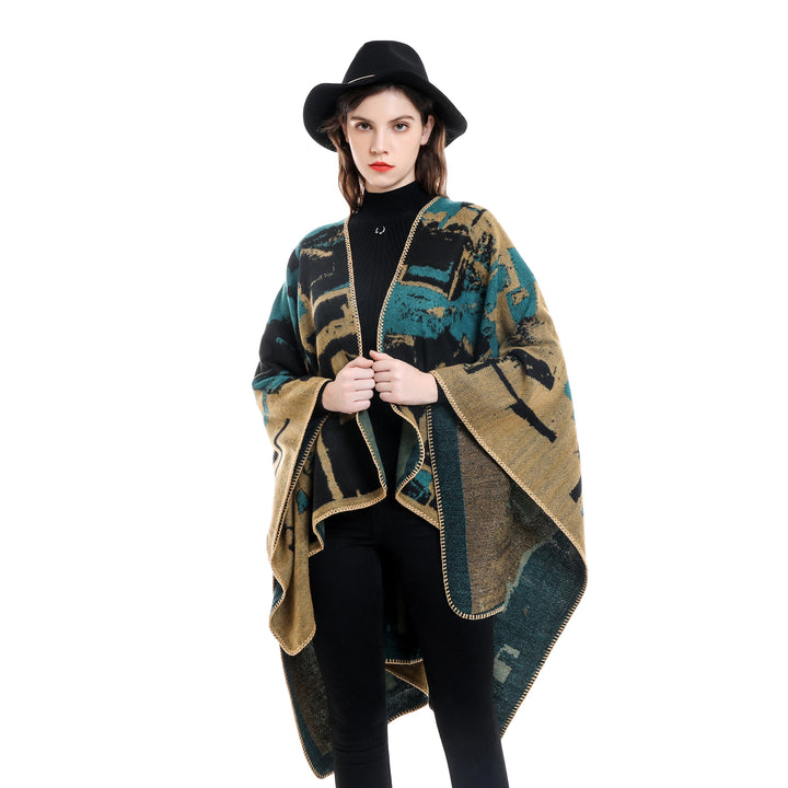 Women's oversized wrap robe made of wool blend with abstract jacquard and decorative stitch edge Mune Fashion