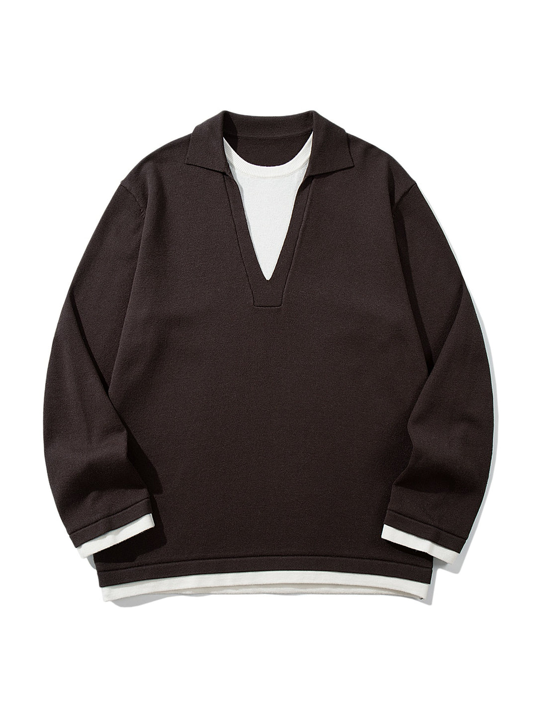 Unisex Casual Oversized Knit Sweater with Deep V Insert and Shirt Layer Look Mune Fashion