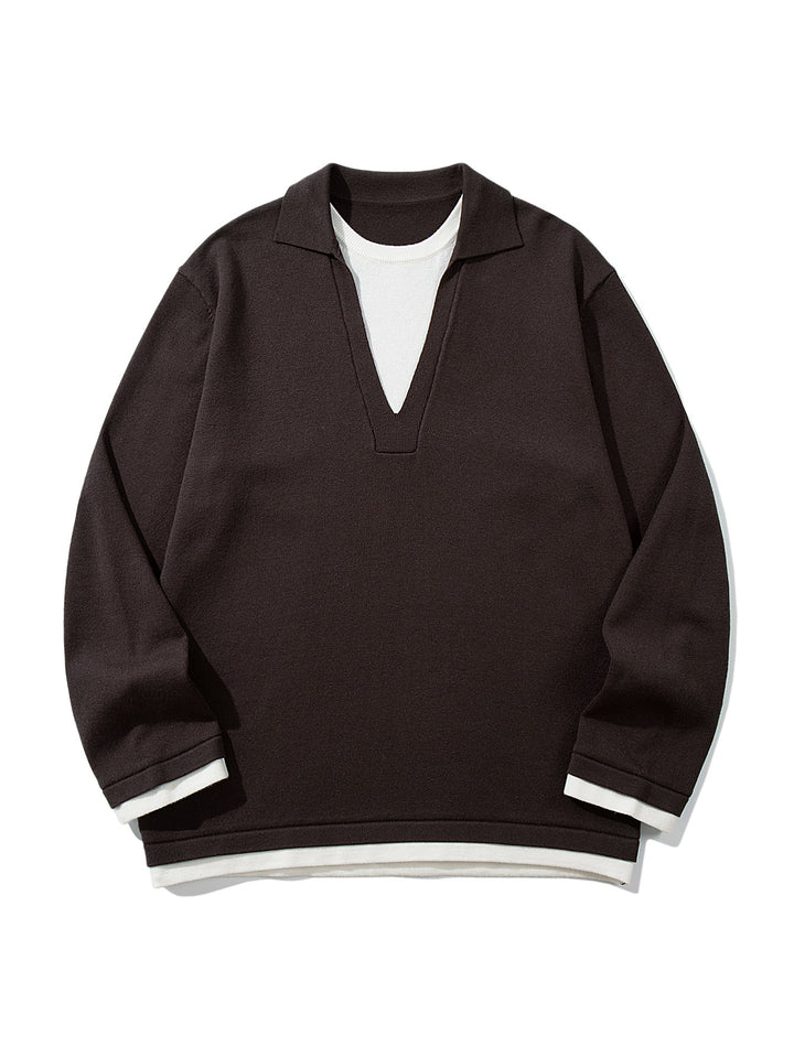 Unisex Casual Oversized Knit Sweater with Deep V Insert and Shirt Layer Look Mune Fashion