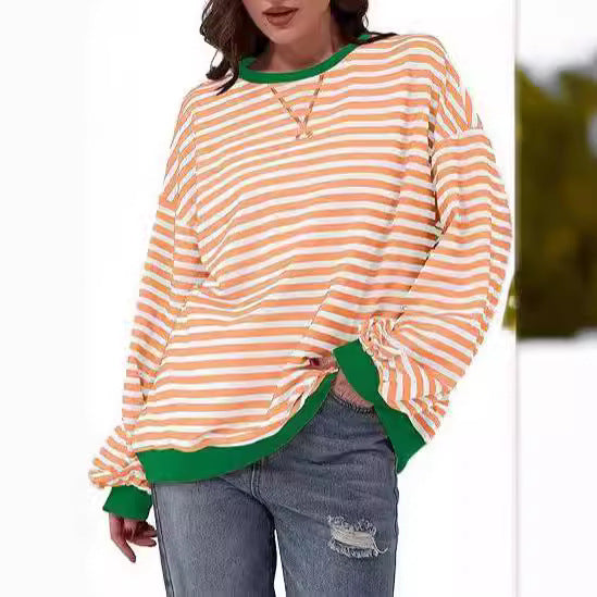 Women Striped Oversized Sweater with Contrast Cuffs Mune Fashion