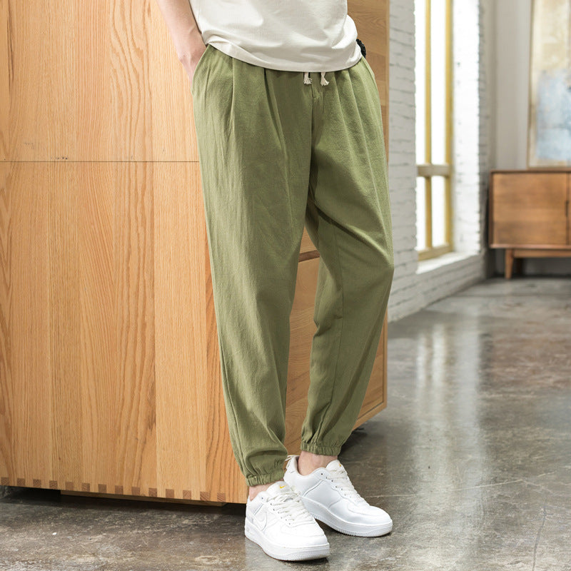 Men's Relaxed-Fit Linen Blend Jogging Pants with Pleats, Drawstring, and Elastic Cuffs Mune Fashion