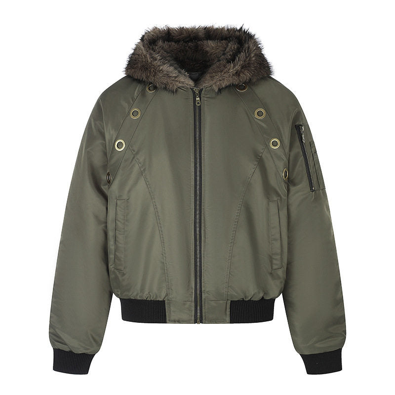 Women's short-cut bomber jacket with faux fur hood and eyelet application Mune Fashion