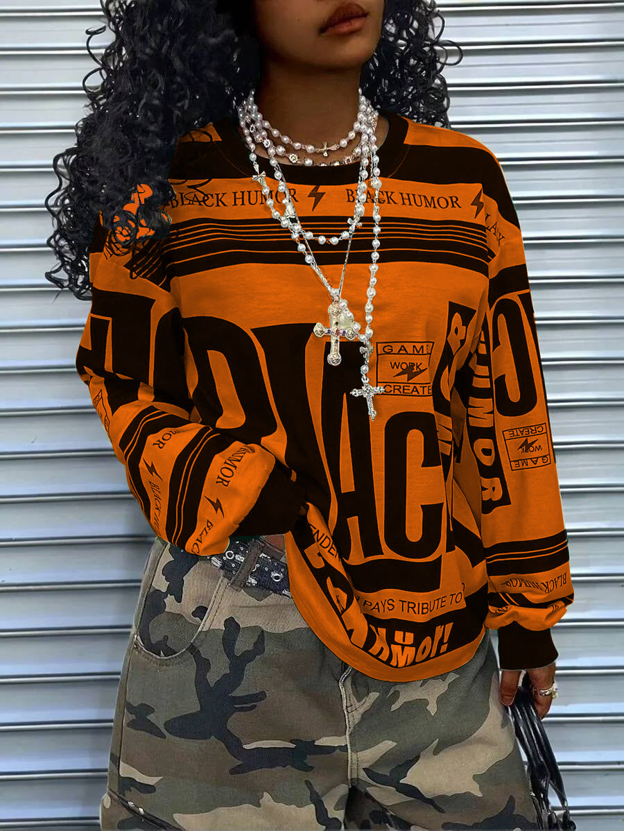 Women's Oversize Long Sleeve Sweatshirt with Allover Graphic, Round Neck and Ribbed Cuffs Mune Fashion