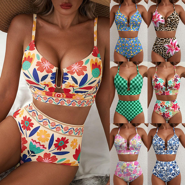 Women High-Cut Bikini with Floral Pattern and Leopard Print Mune Fashion
