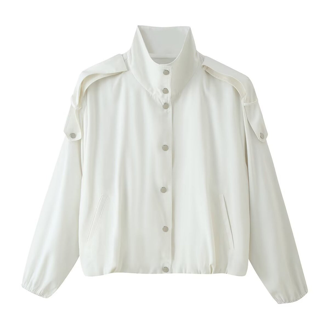 Ladies short jacket with high stand-up collar, shoulder pads and snap button placket Drune