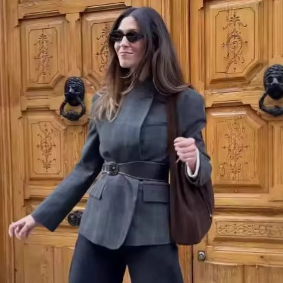 Women's tailored check blazer coat with stand-up collar, asymmetrical button placket and flap pockets Mune Fashion