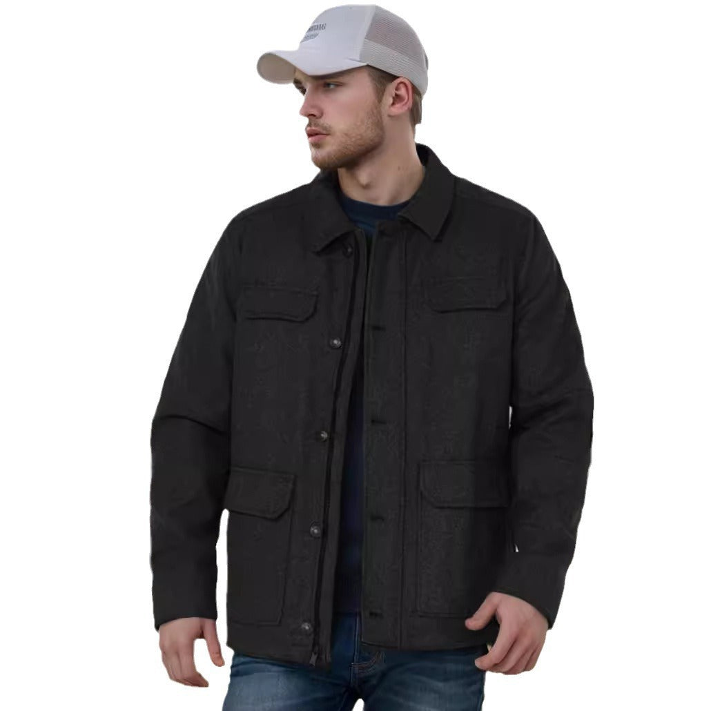 Men's Wool Blend Field Jacket with Flap Pockets, Full Button Placket and Shirt Collar Mune Fashion