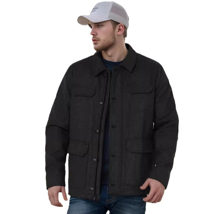 Men's Wool Blend Field Jacket with Flap Pockets, Full Button Placket and Shirt Collar Mune Fashion