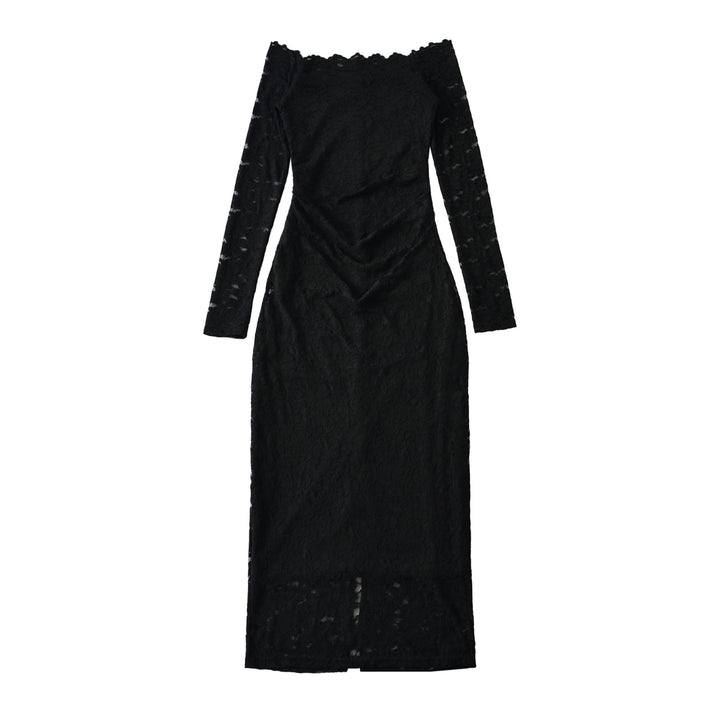 Women's Off-Shoulder Lace Dress with Waist Gather and Long Sleeve