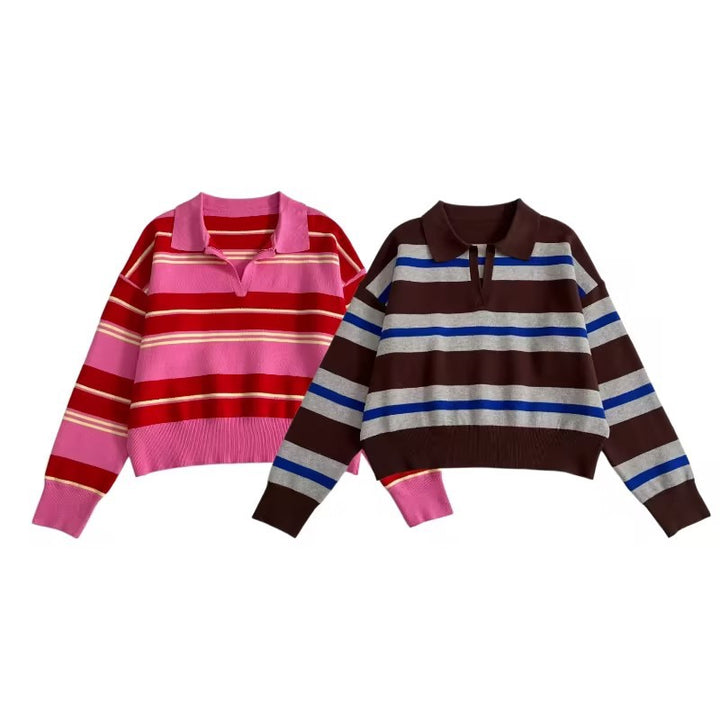 Women's Striped Polo Collar Sweater with Boxy Fit and V-Neck Mune Fashion