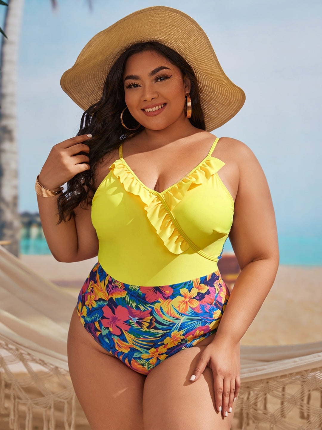 Women High-cut One-piece Swimsuit with Ruffle Details and Floral Patterns Mune Fashion