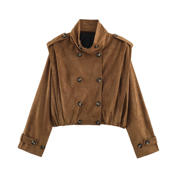Women's Short-Cut Double-Breasted Suede-Look Bomber with Stand-Up Collar and Shoulder Patches Mune Fashion