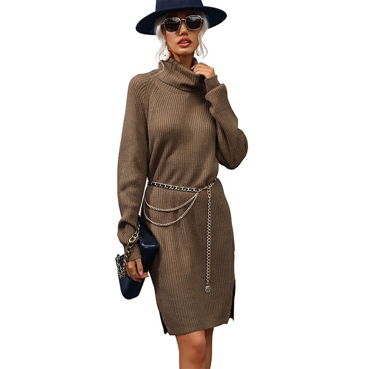 Ladies knitted midi dress with roll neck, ribbed fine knit and side slit Mune Fashion