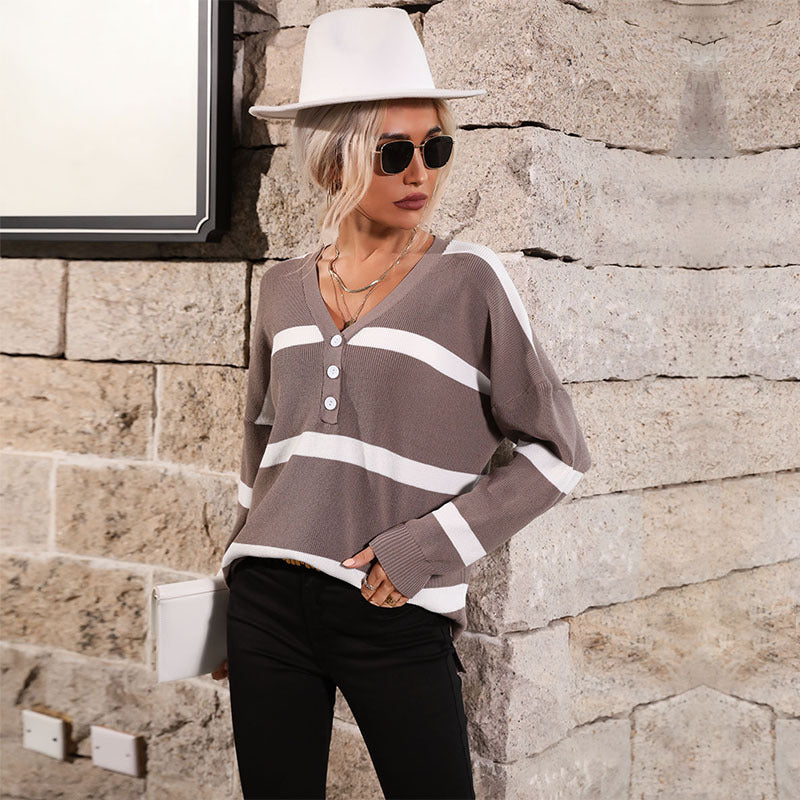 Women's Oversized V-Neck Knit Sweater with Button Placket and Block Stripes Mune Fashion