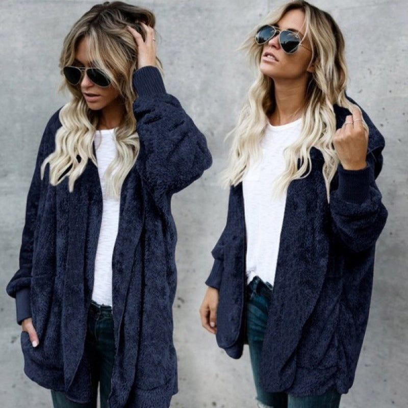 Women's Cozy Teddy Fleece Cardigan with Hood, Oversized Cut and Patch Pockets Mune Fashion