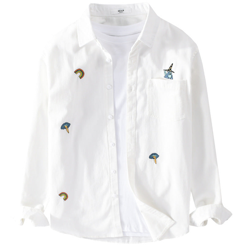 Men's Embroidered Lightweight Cotton Overshirt with Chest Pocket and Subtle Patch Embroidery Mune Fashion