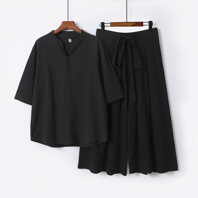 Women's Casual Linen-Viscose Lounge Set with Stand Collar Top and Wide Palazzo Pants Mune Fashion