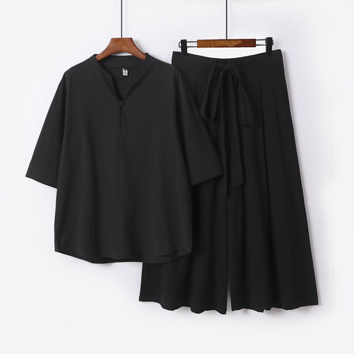 Women's Casual Linen-Viscose Lounge Set with Stand Collar Top and Wide Palazzo Pants Mune Fashion