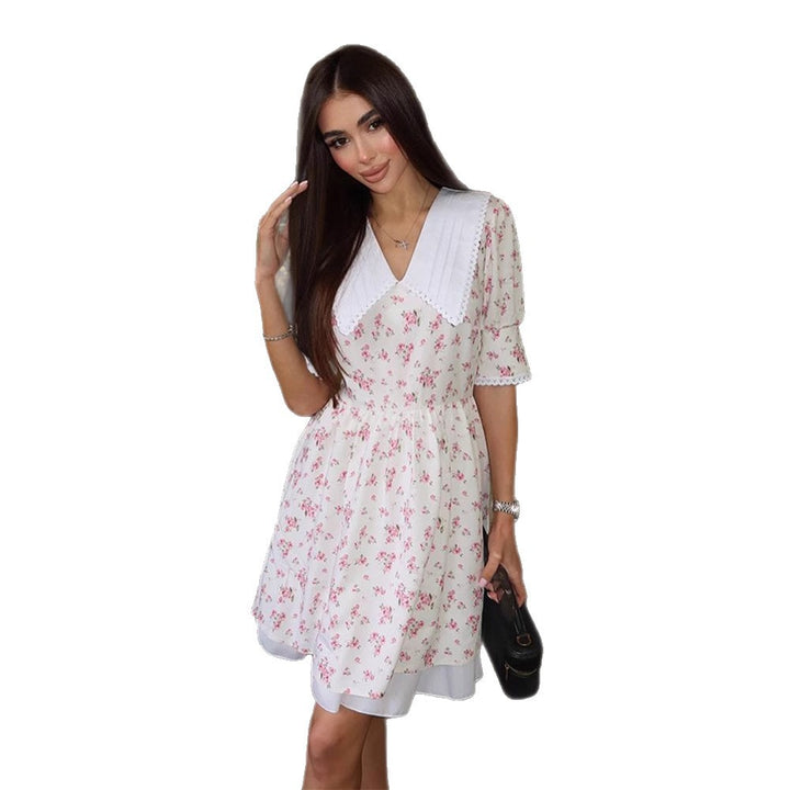 Ladies Romantic Mini Dress with Oversized V-Neck, Ruching and Floral Print Mune Fashion