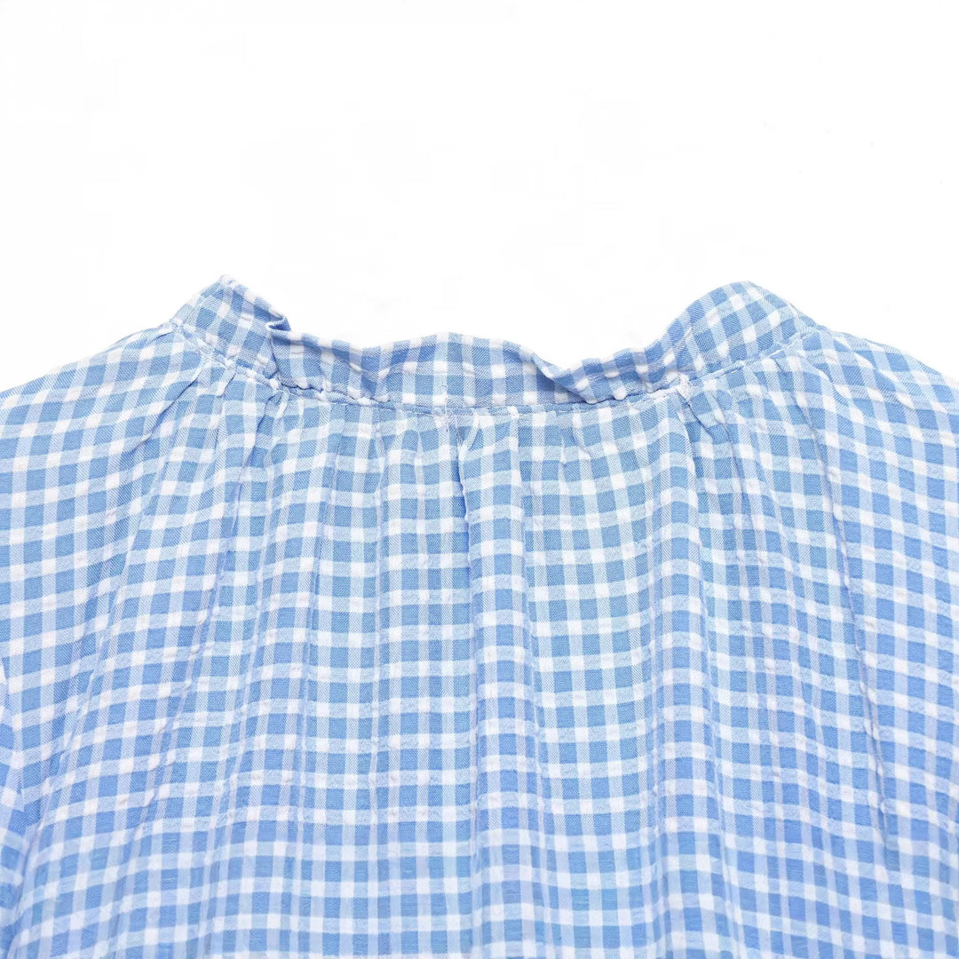 Women's Cropped Tie Shirt with Vichy Check, Ruffle Hem and Balloon Sleeves Mune Fashion