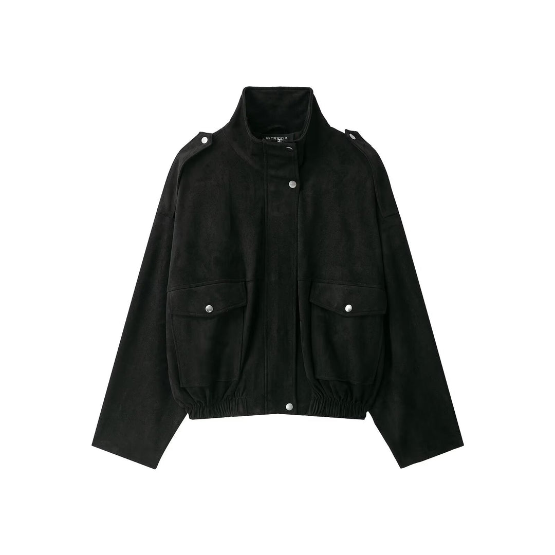 Women Short-cut Bomber Jacket made of Suede-look Fabric in Utility Look with Funnel Neck and Flap Pockets Mune Fashion