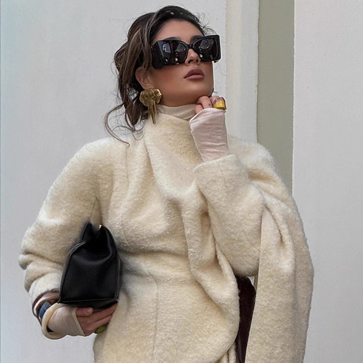 Women's Oversized Wool Mix Poncho with Asymmetrical Fall and Ties Mune Fashion