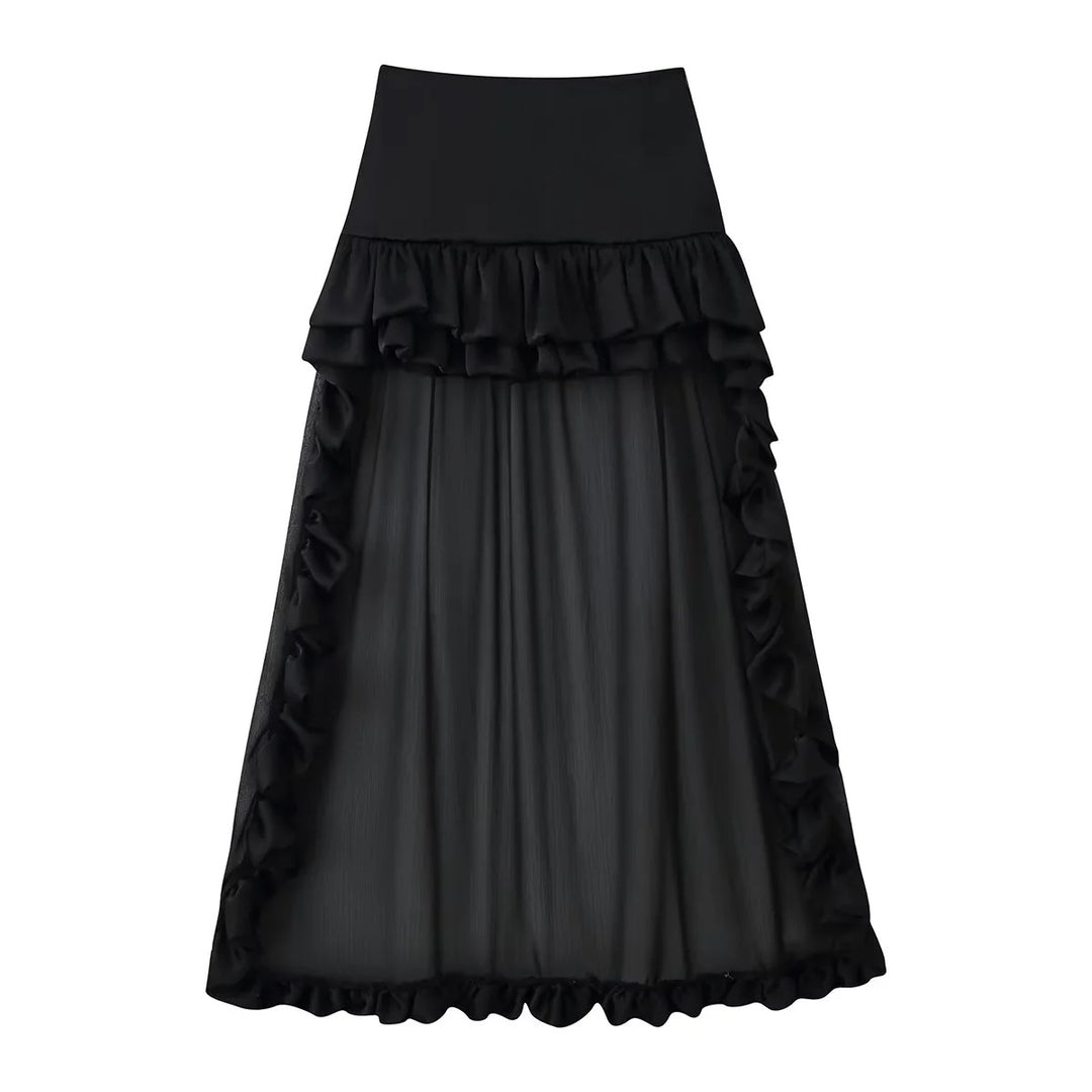 Women's maxi skirt with high waist, multi-layered ruffles and transparent tulle overlay Mune Fashion